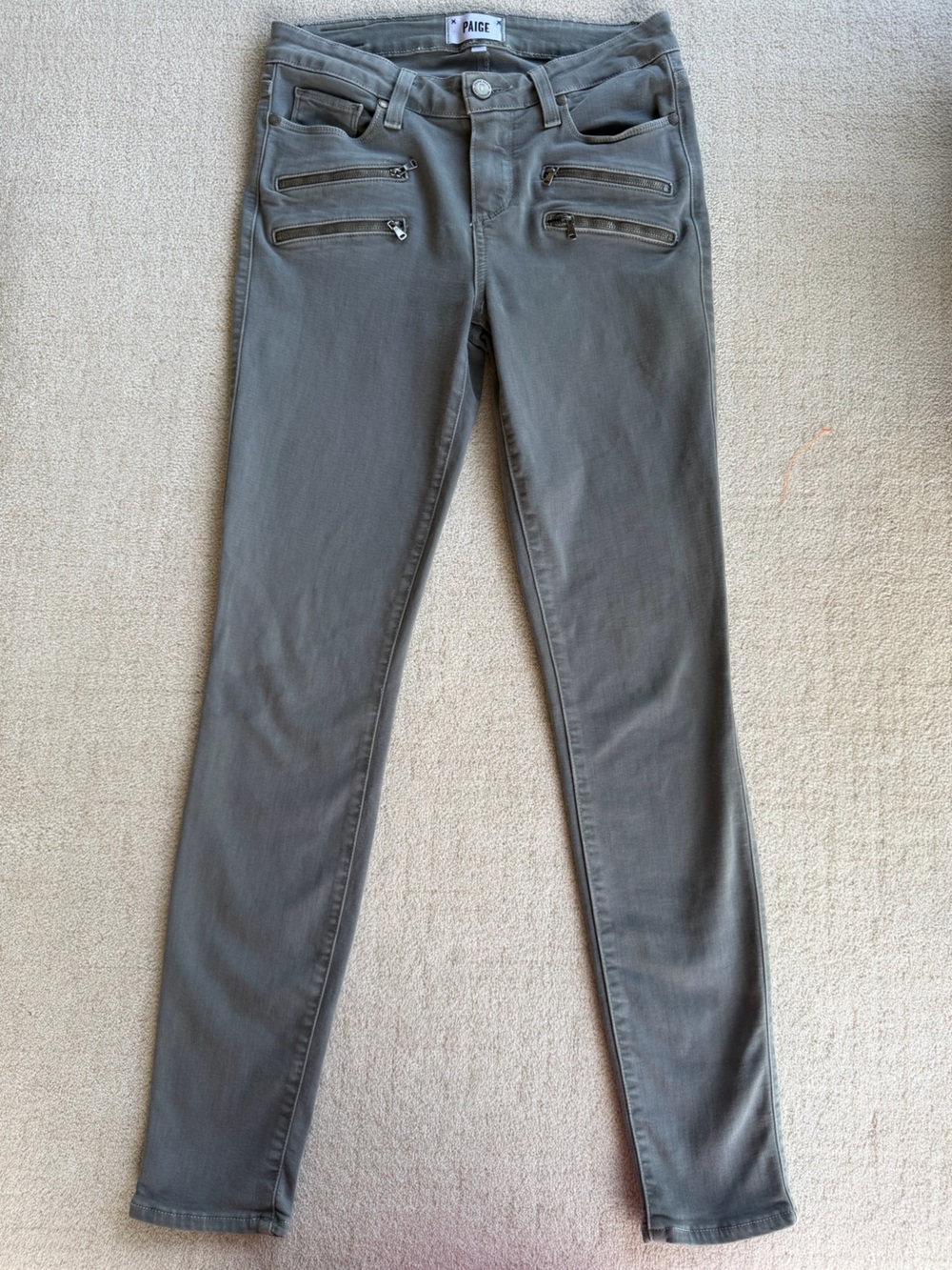 Paige Edgemont Women's 27Skinny Jeans - Olive Green Moto 4 Zipper Stretch Denim